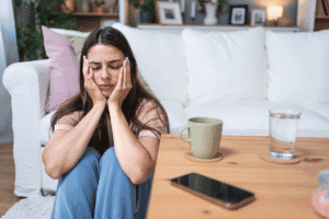 Woman sits in ball on the floor as she thinks about identifying obsessive behaviors in herself