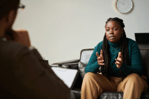 Woman explains hurdles with therapist during talk therapy for depression